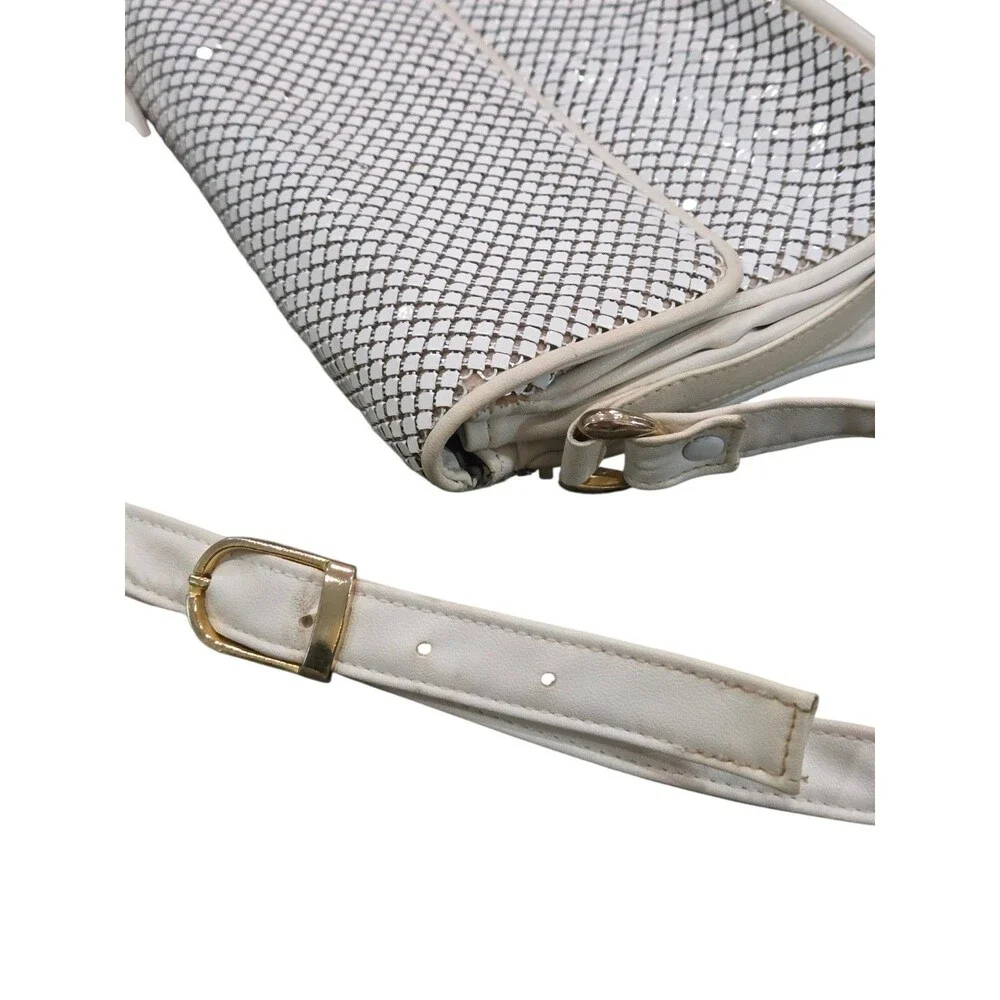 Vintage 70s Whiting & Davis White Enamel Metal Mesh Crossbody Shoulder Bag Purse